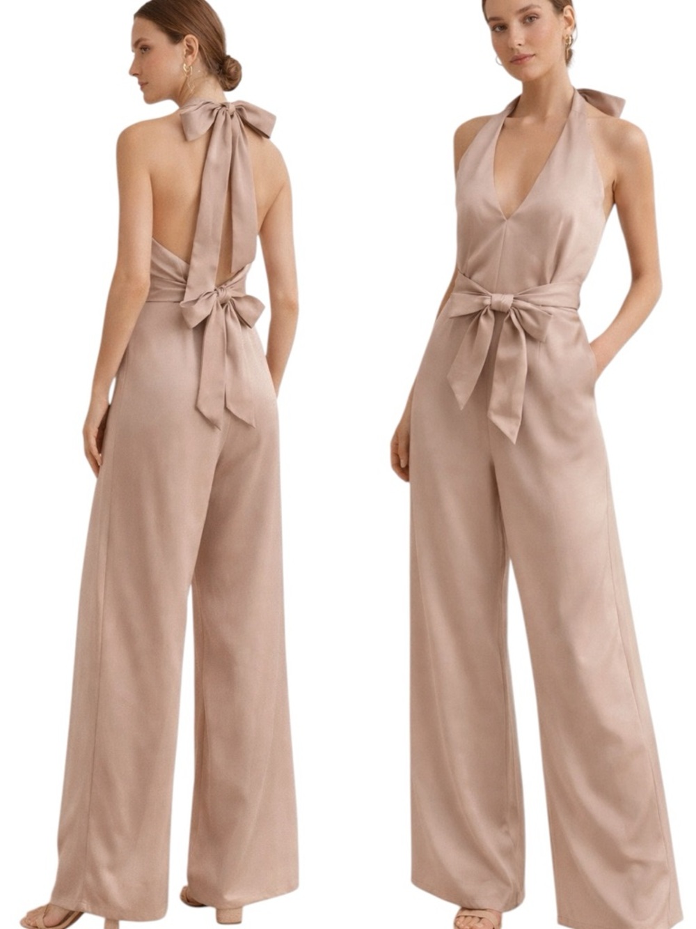 Willow Halter
Jumpsuit Taupe/dusty 
Open Back Bow Wide Leg Small
Silky Modal